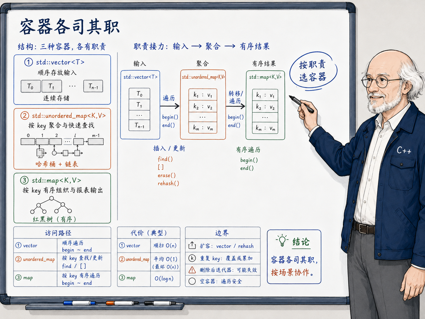 C++ 三种容器的结构与职责示意图