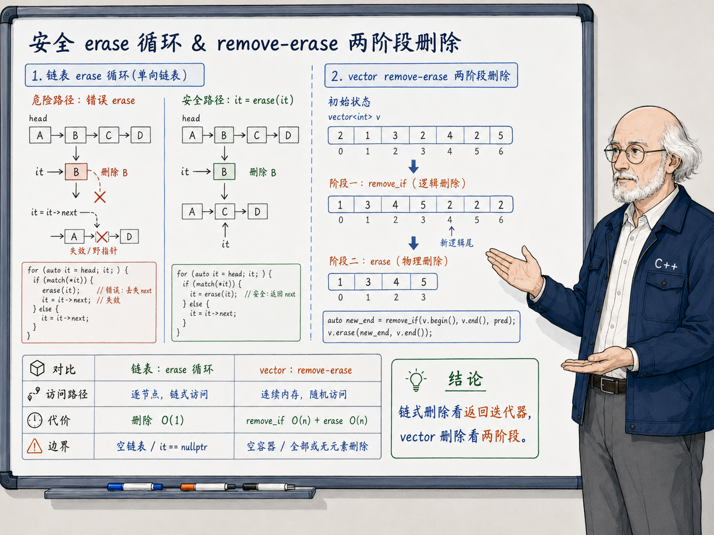 C++ 链表erase循环与remove-erase两阶段删除的对比