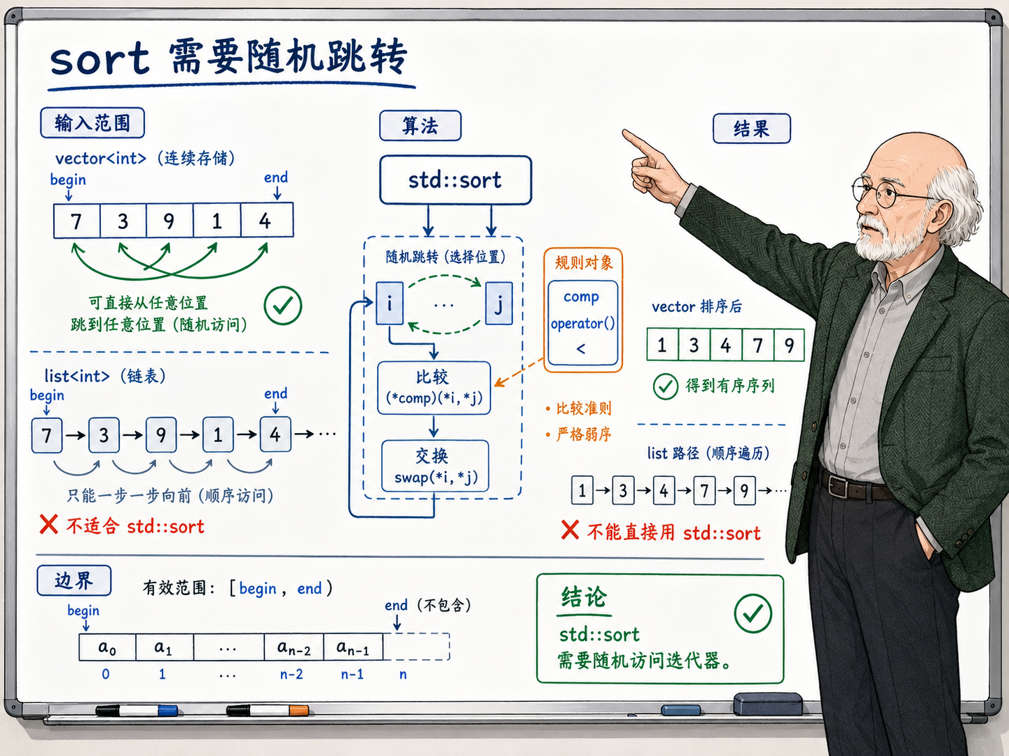 C++ sort为什么需要随机访问迭代器示意图