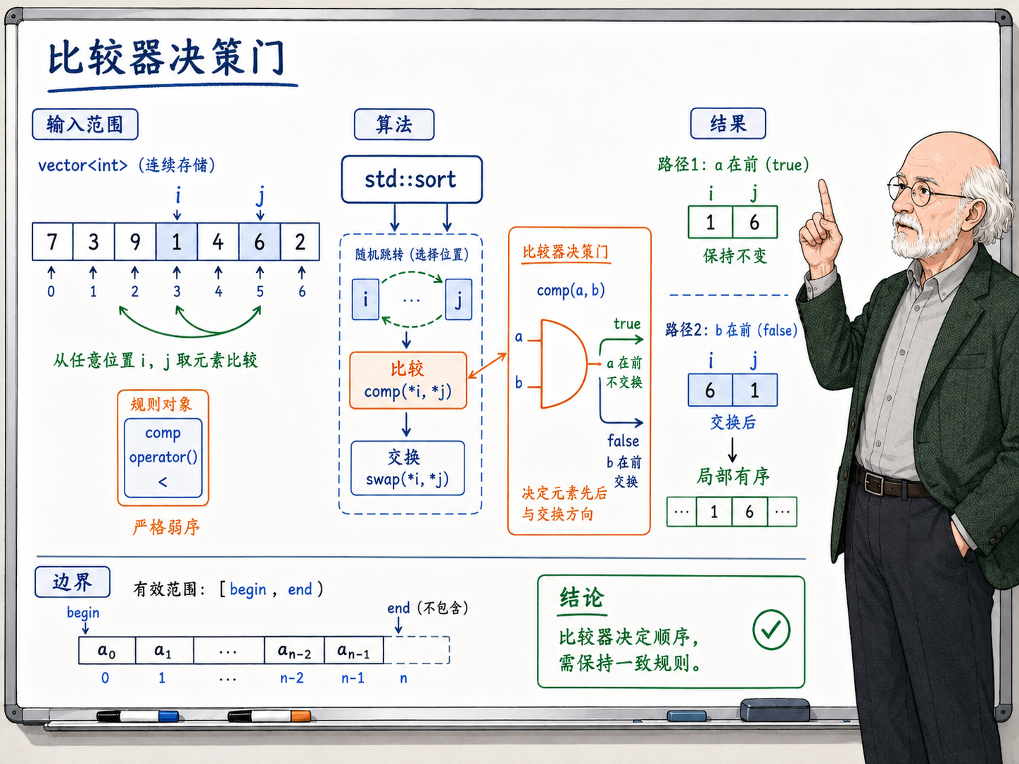 C++ 比较器和交换是排序交给调用方的两个口子示意图