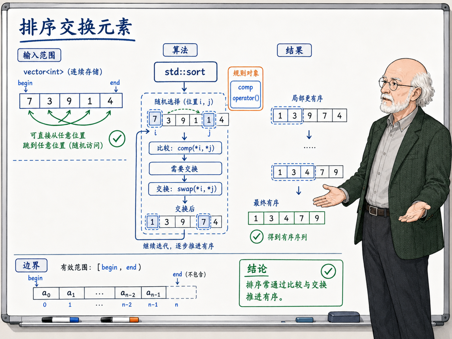 C++ 比较器和交换是排序交给调用方的两个口子示意图