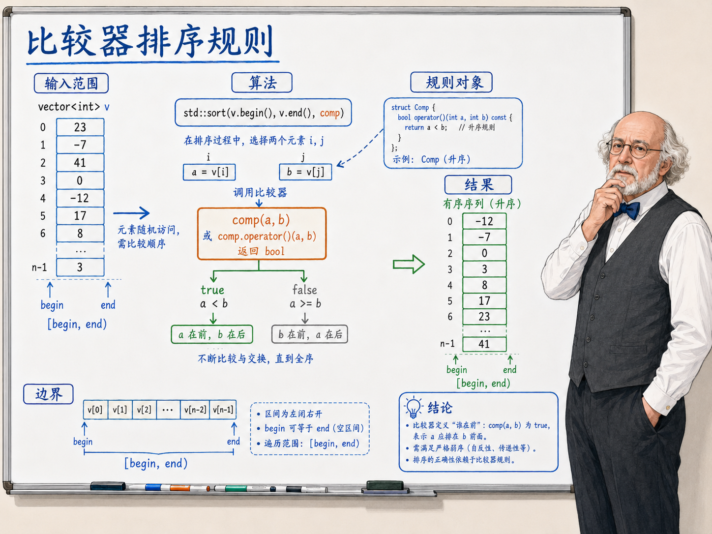 C++ 比较器排序规则示意图