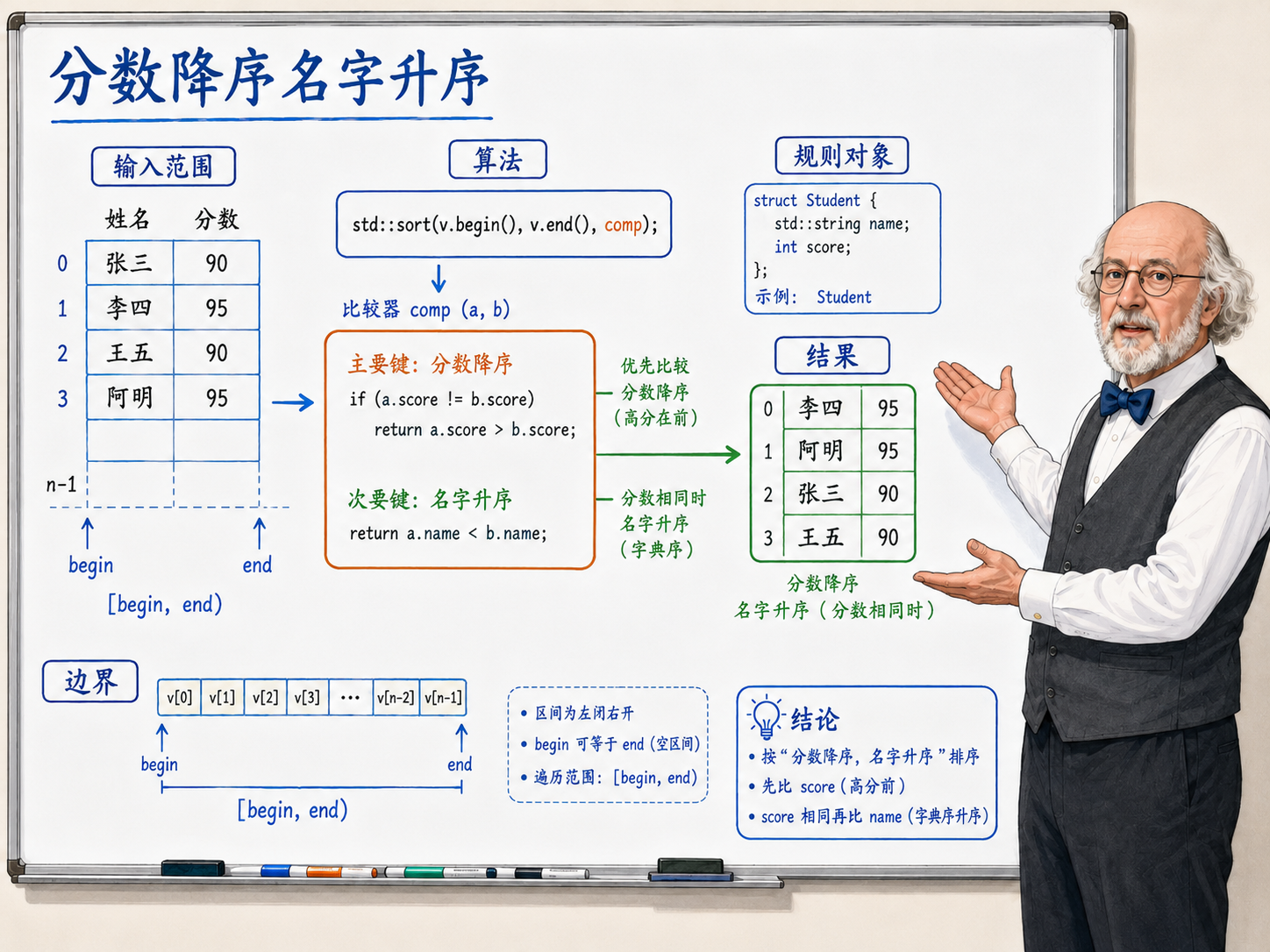 C++ 多键排序的算法示例示意图