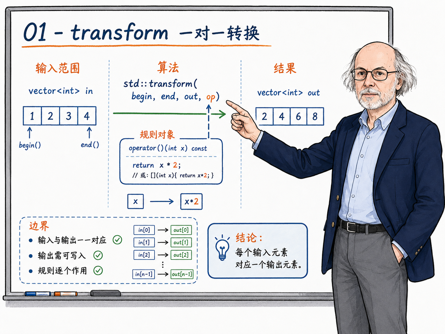C++ transform算法的一对一转换示例示意图