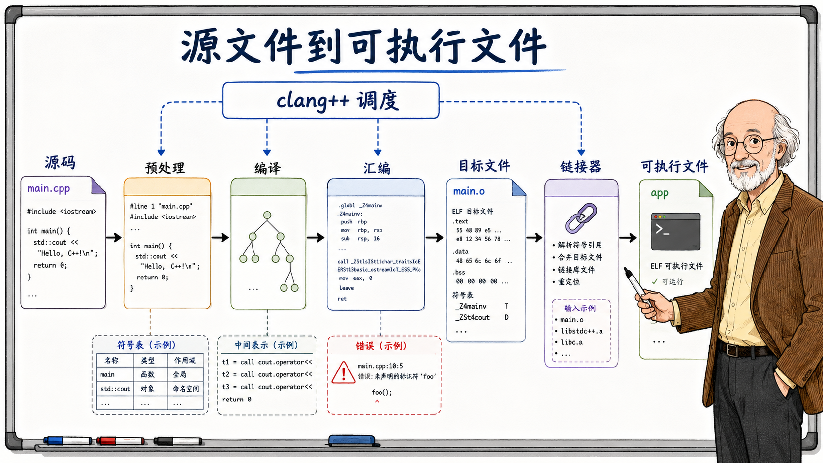 C++ 一个 C++ 程序是怎样变成可执行文件的示意图