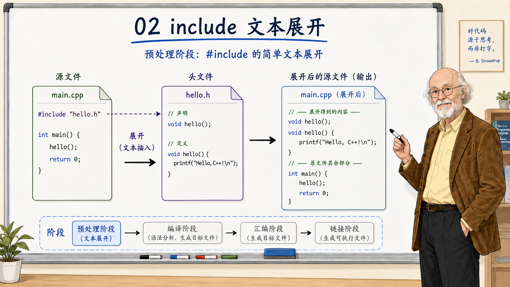 C++编译流程中预处理阶段的#include的简单文本展开示例示意图