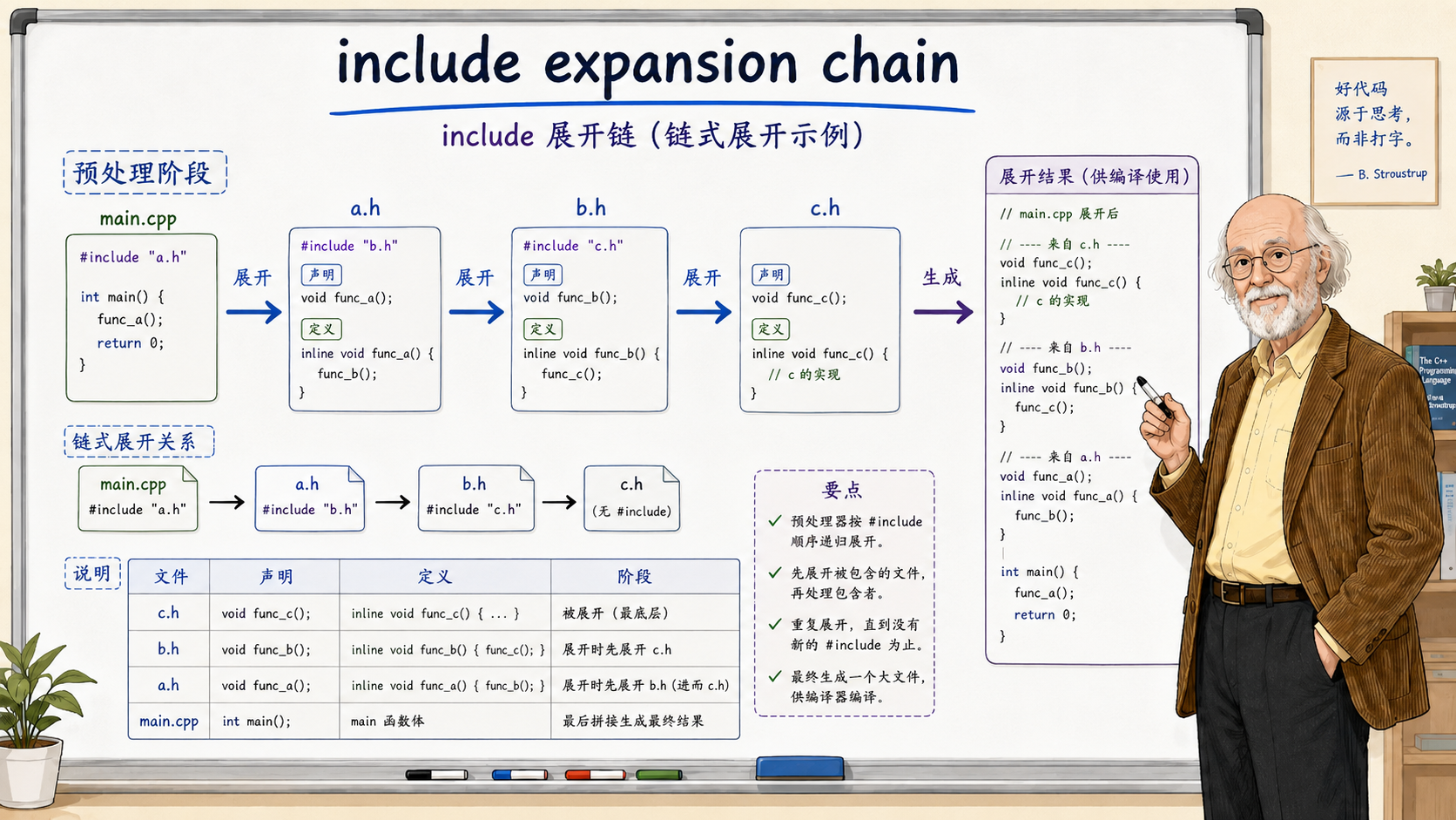 C++ include展开链(链式展开示例)示意图