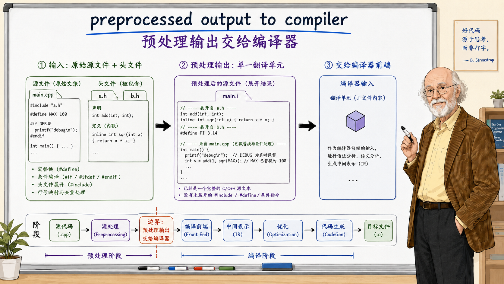 C++编译流程中的预处理阶段示意图