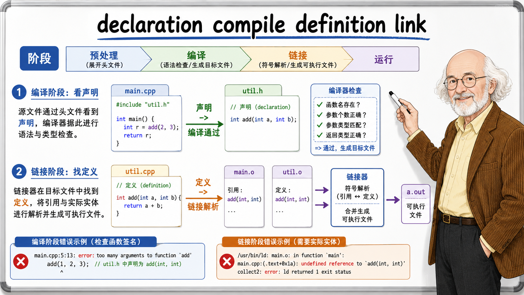 C++ 编译链接流程，分为编译和链接两个阶段示意图