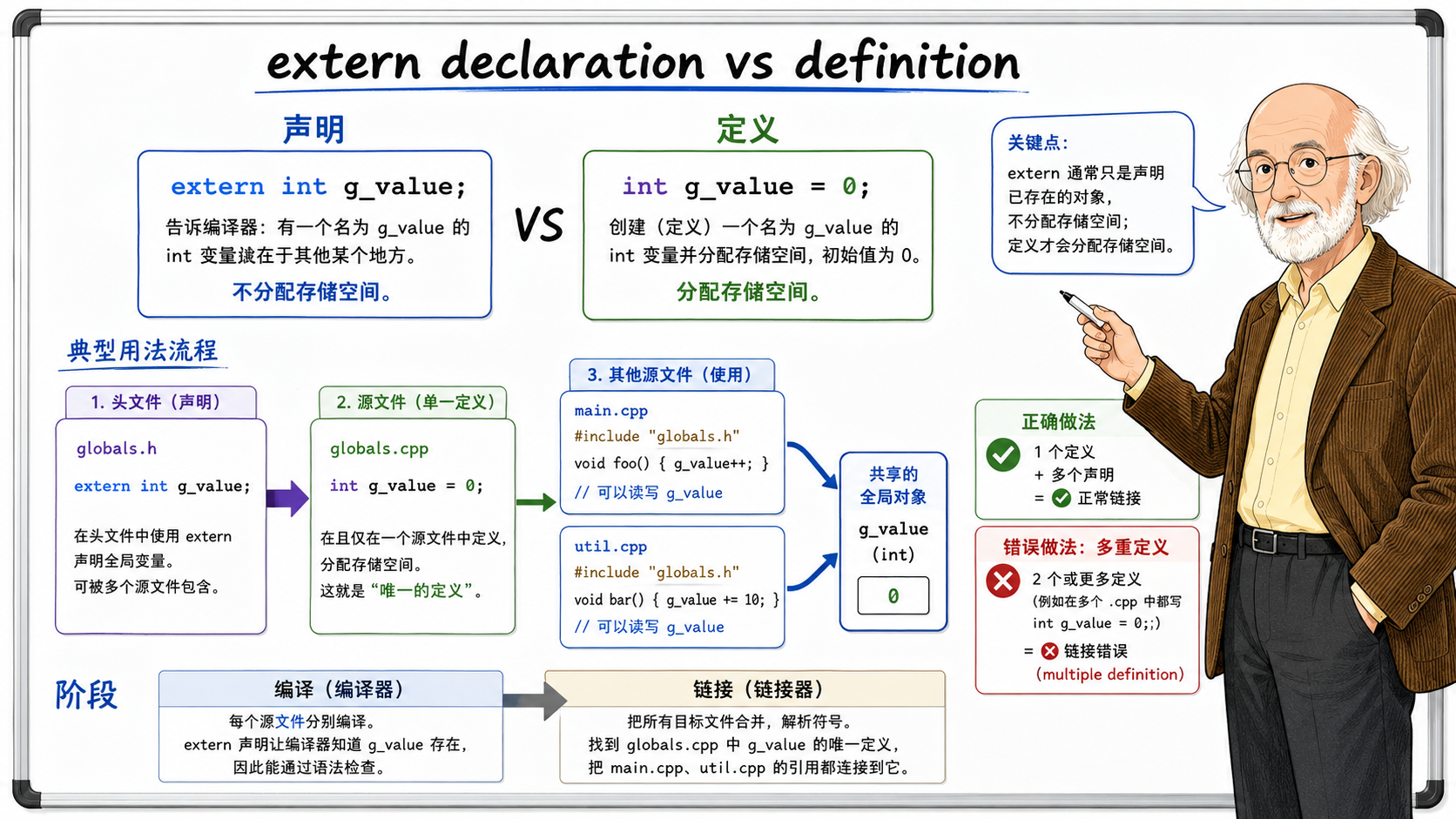 C++ extern declaration与definition的区别示意图