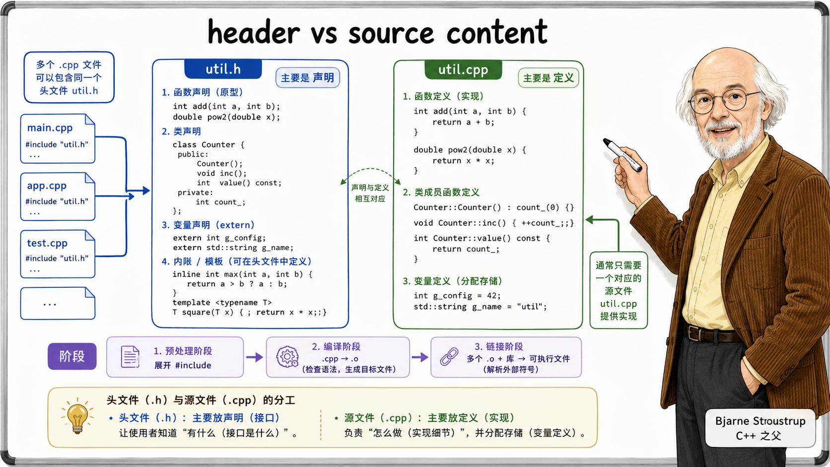 C++ 头文件声明与源文件定义分工