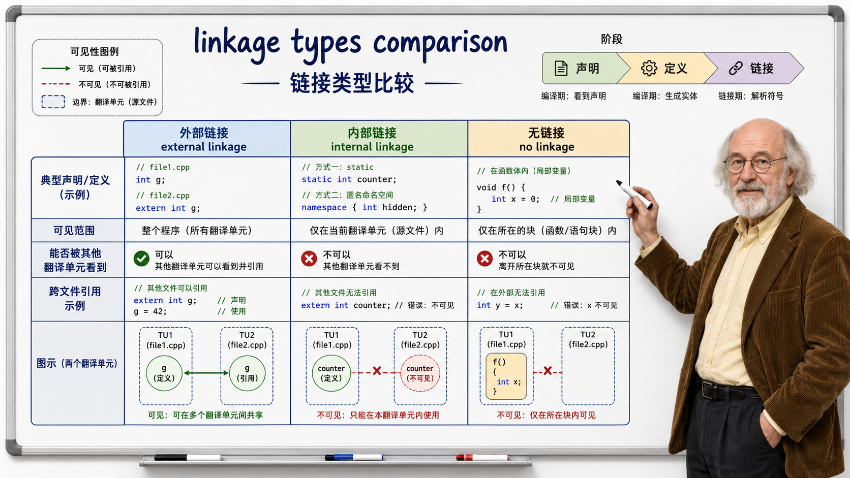 C++ 链接类型比较的图表示意图