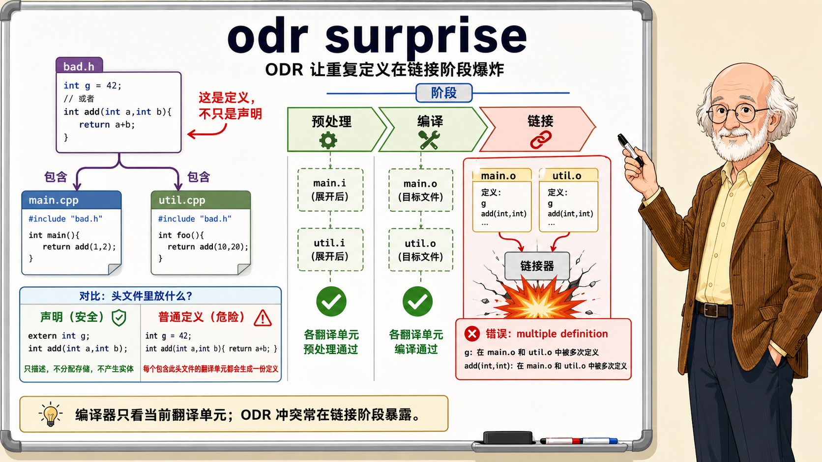 C++ ODR（One Definition Rule）让重复定义在链接阶段变成工程炸点的示例示意图