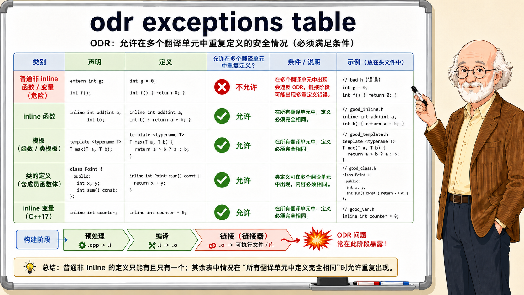 C++ ODR（名称绑定规则）的表格示意图