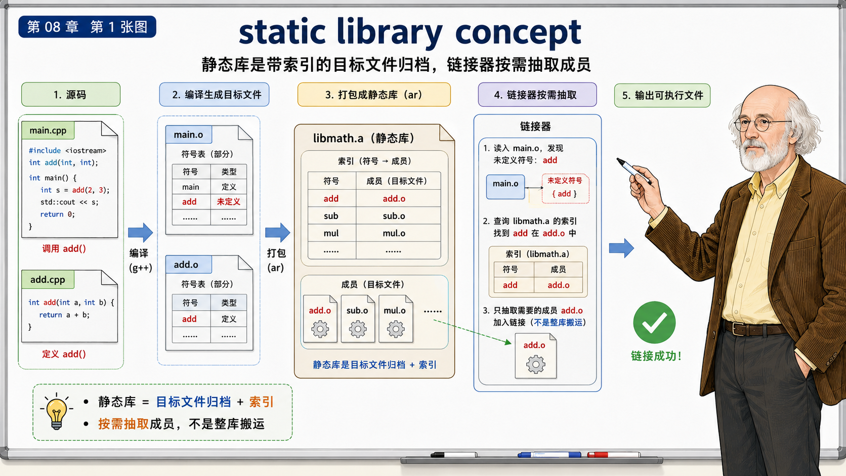 C++ 静态库的概念，分为5个步骤示意图