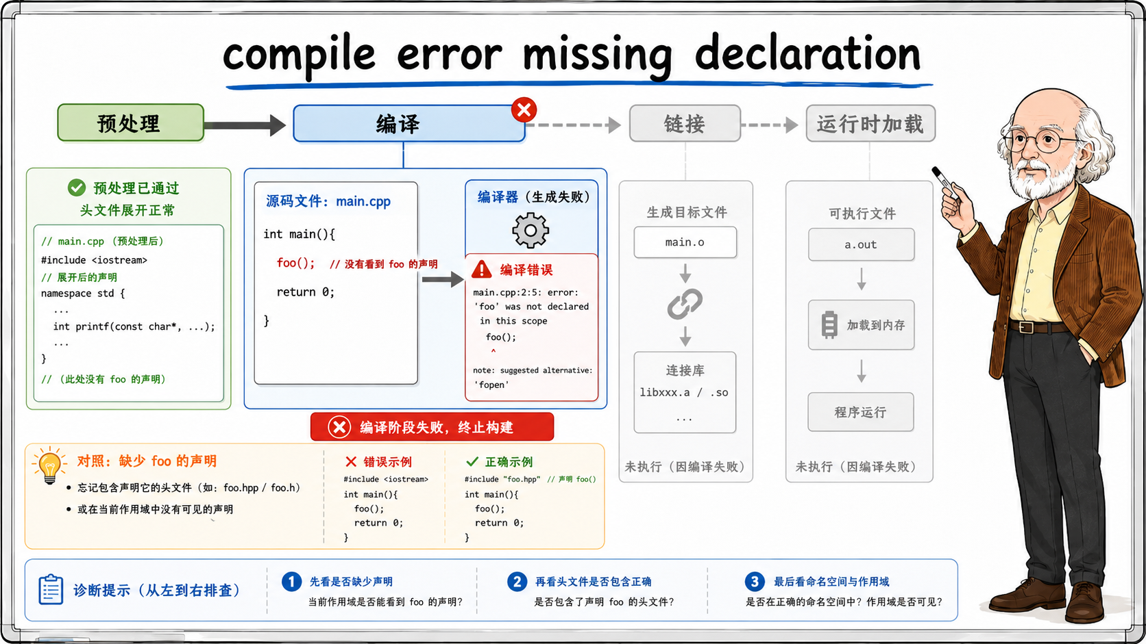 C++ 编译错误中缺少声明问题的诊断流程