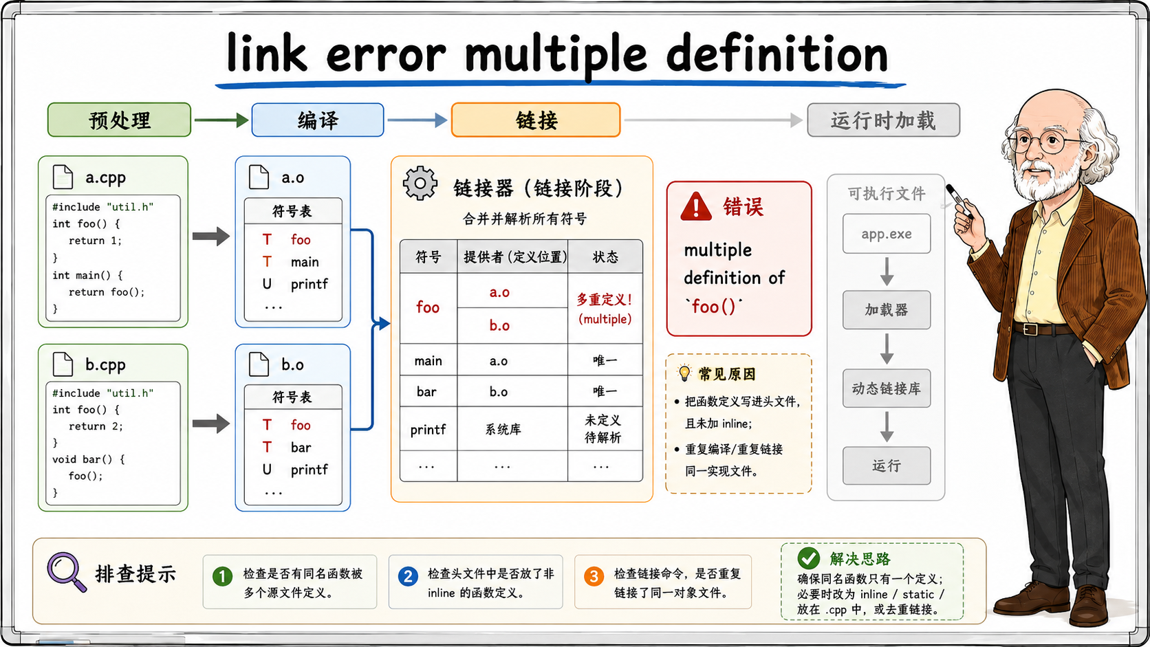 C++ 看懂编译链接错误先判断它卡在哪一关示意图