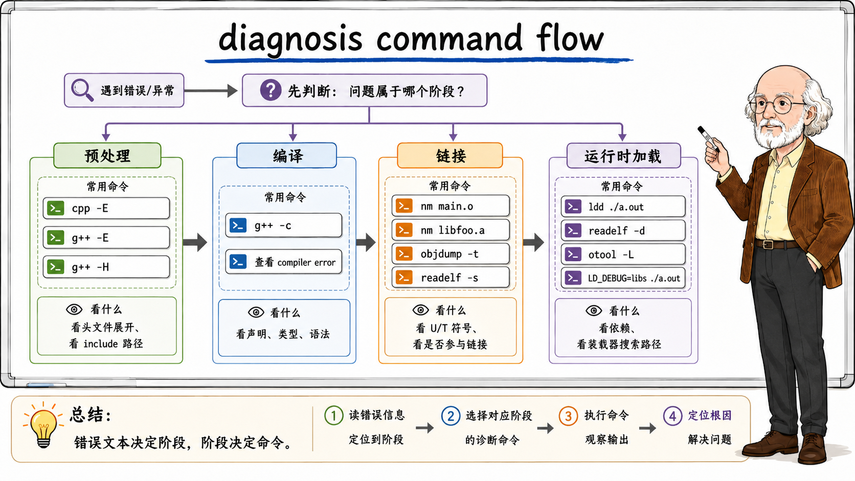 C++ diagnosis command flow图用于辅助判断编译链接错误所处的阶段示意图