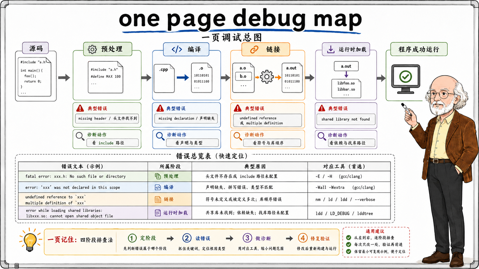 C++ 看懂编译链接错误先判断它卡在哪一关示意图