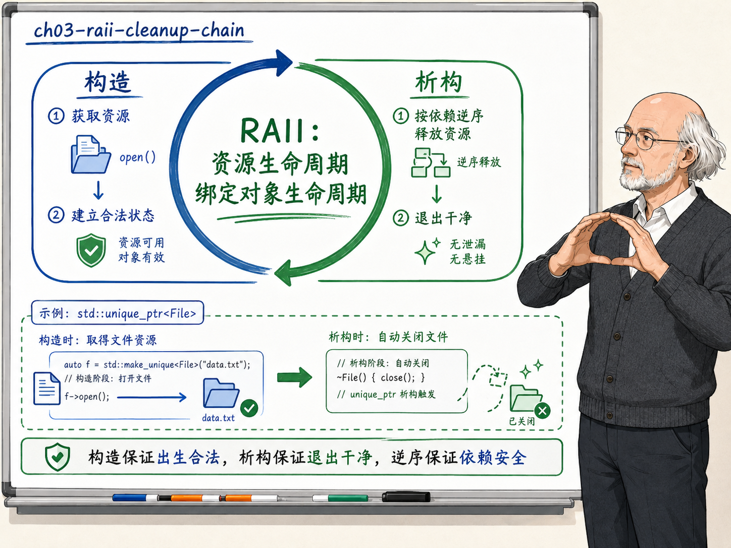 C++ RAII(资源获取即初始化)的概念示意图