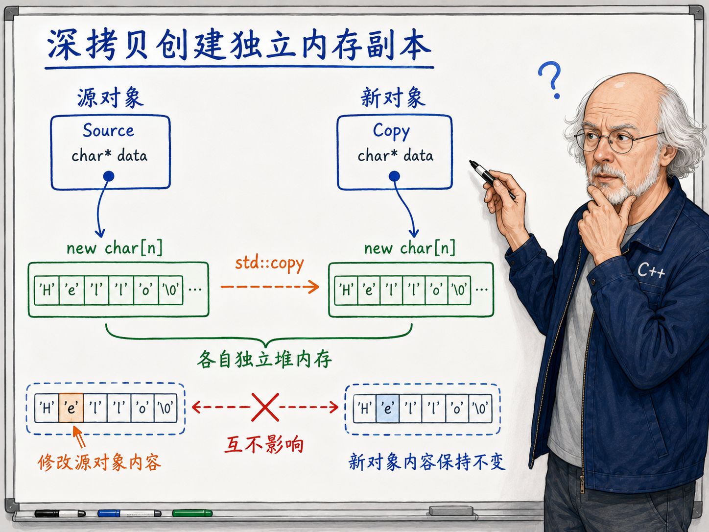 C++编程中深拷贝创建独立内存副本的原理示意图