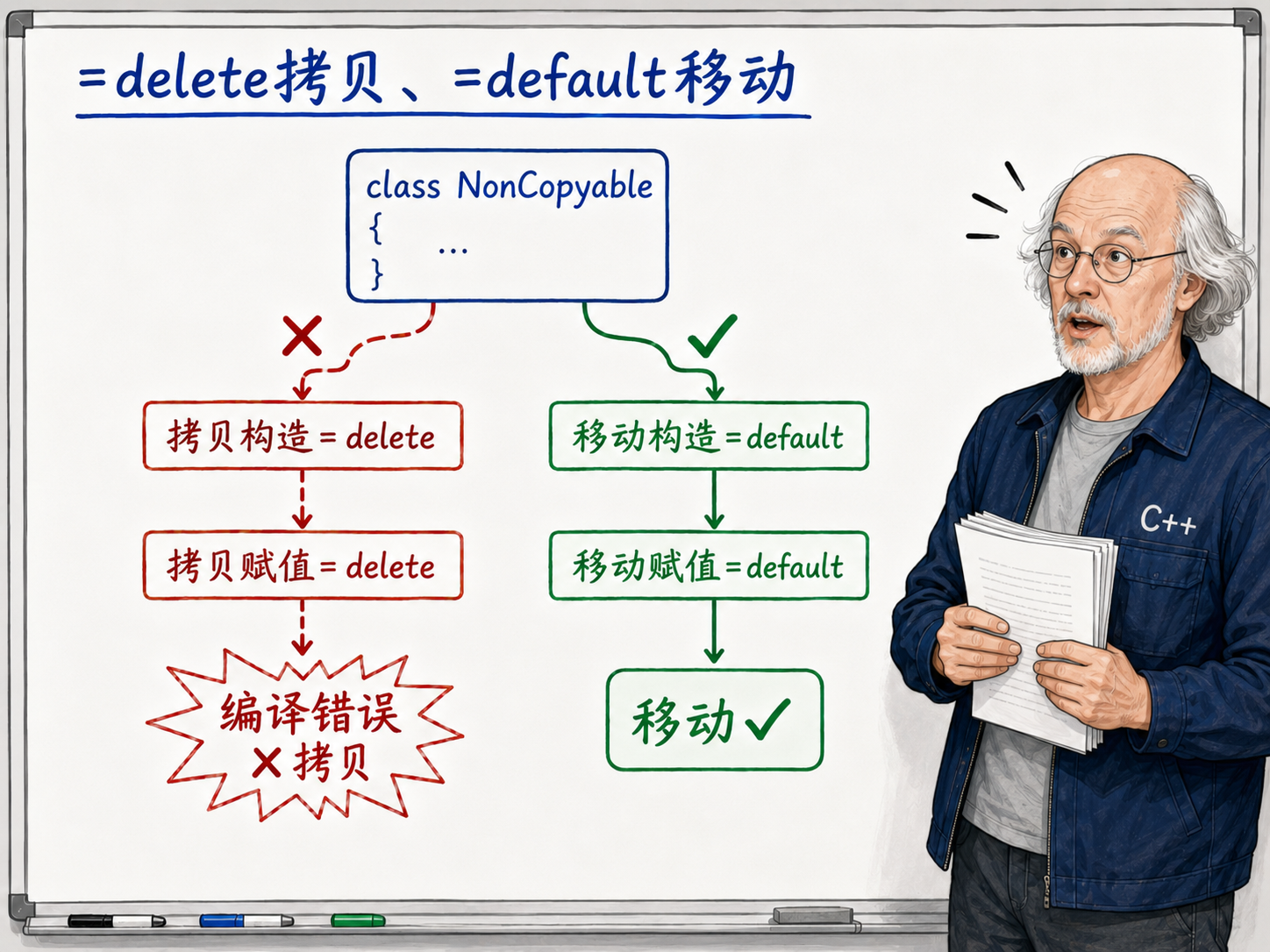 C++ =delete拷贝、=default移动的C++拷贝控制示例示意图