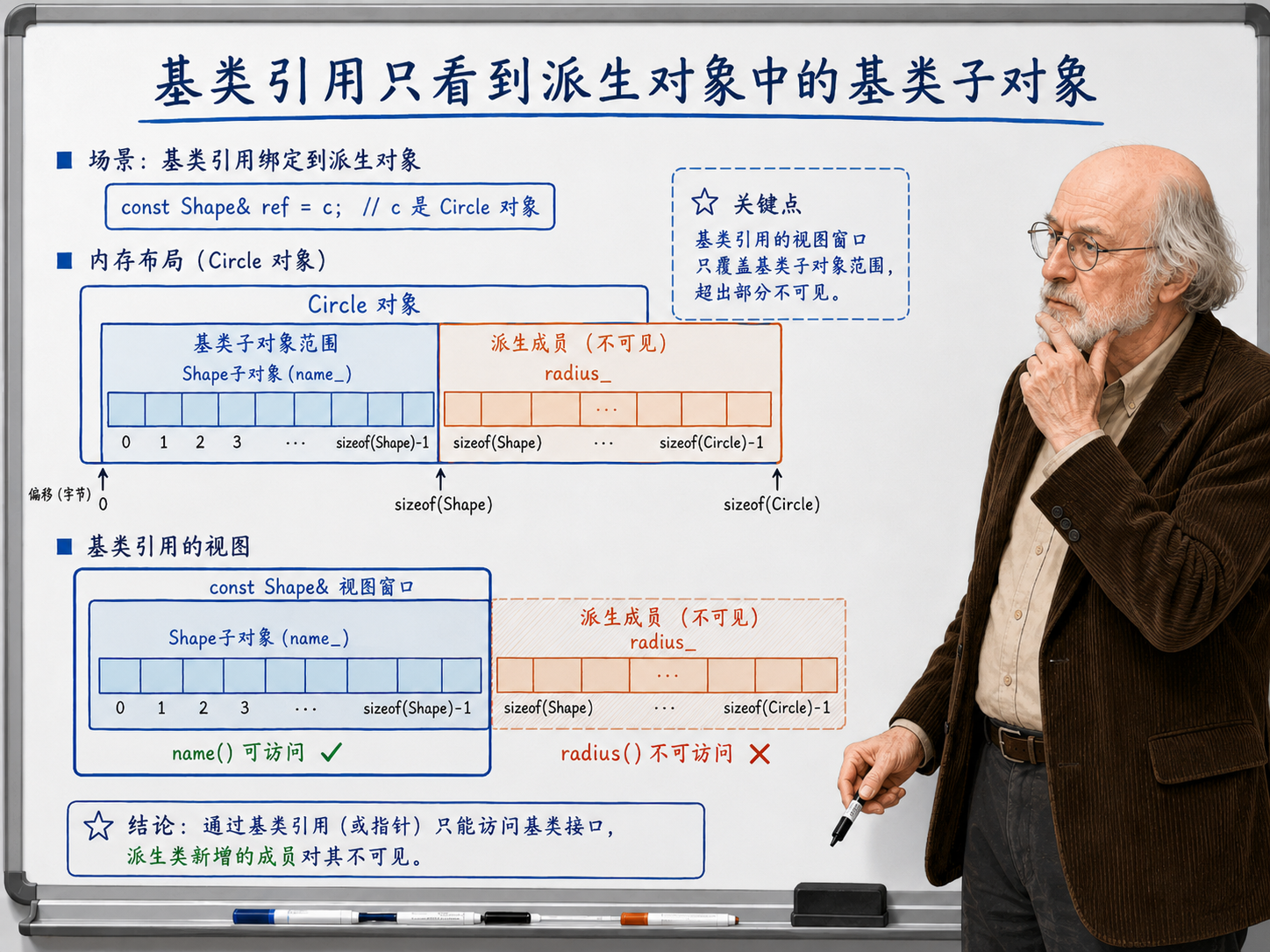 C++ 基类引用只看到派生对象中的基类子对象示意图