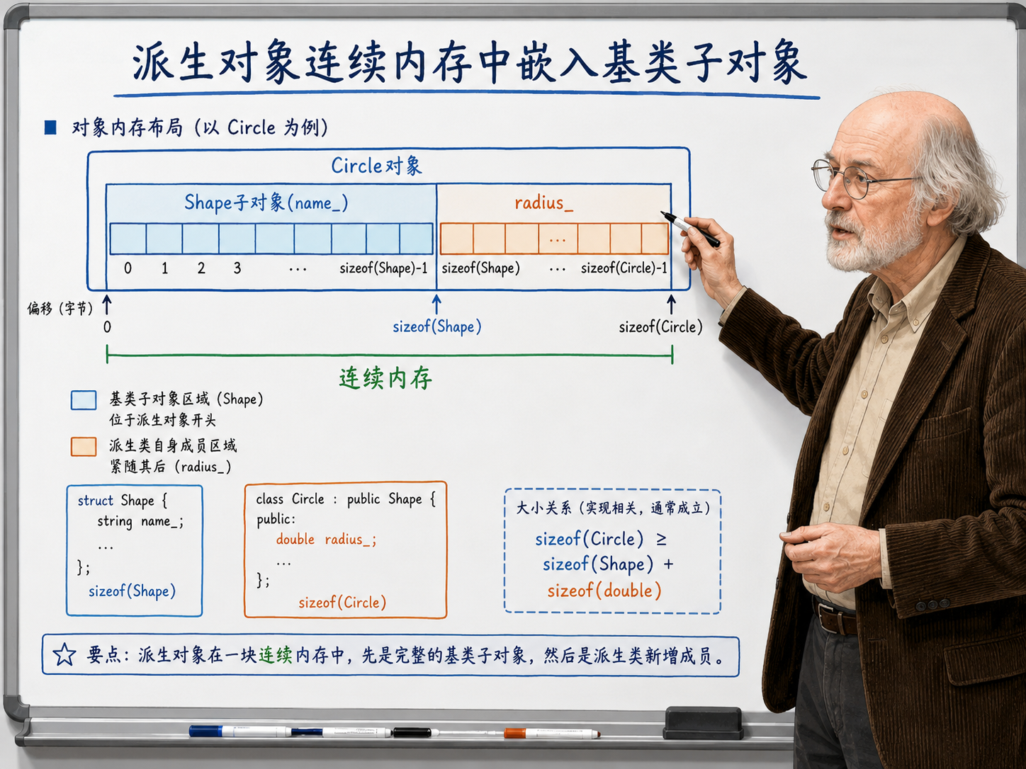 C++ 派生对象在连续内存中嵌入基类子对象的内存布局