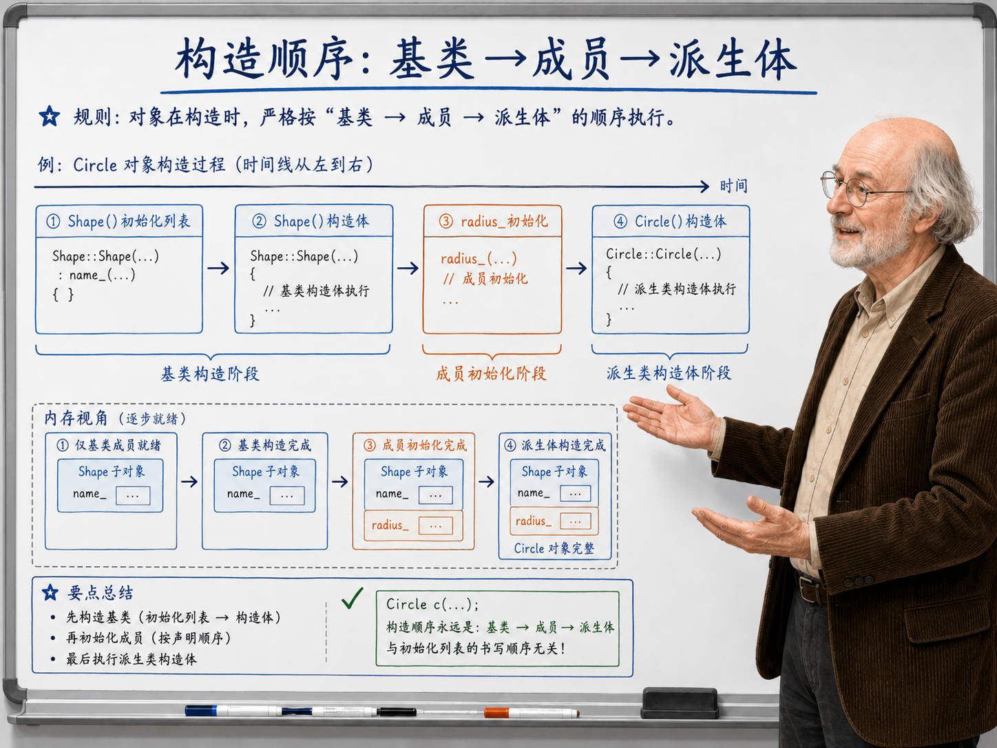 C++ 构造顺序为基类→成员→派生体的规则示意图