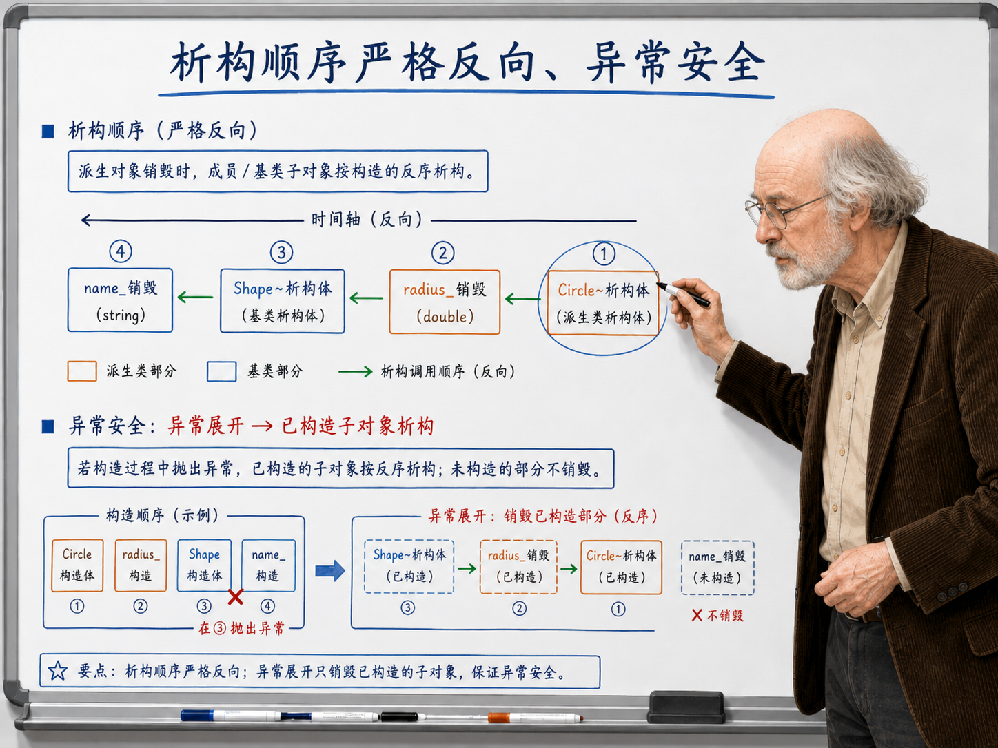 C++ 析构顺序严格反向、异常安全示意图