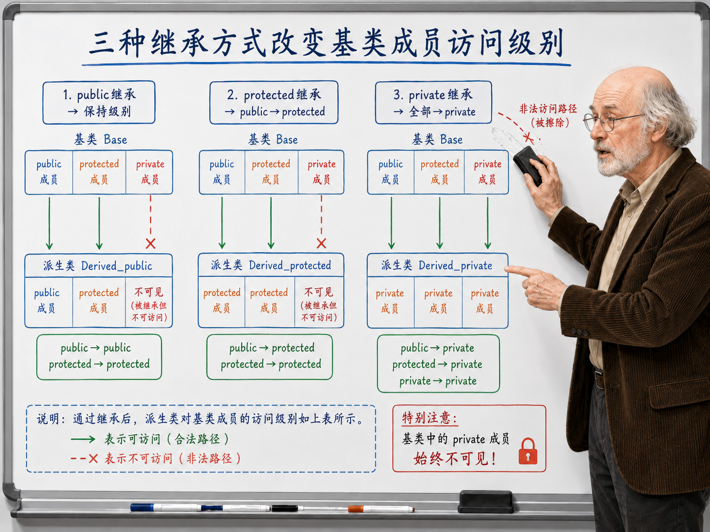 C++ 三种继承方式改变基类成员访问级别示意图