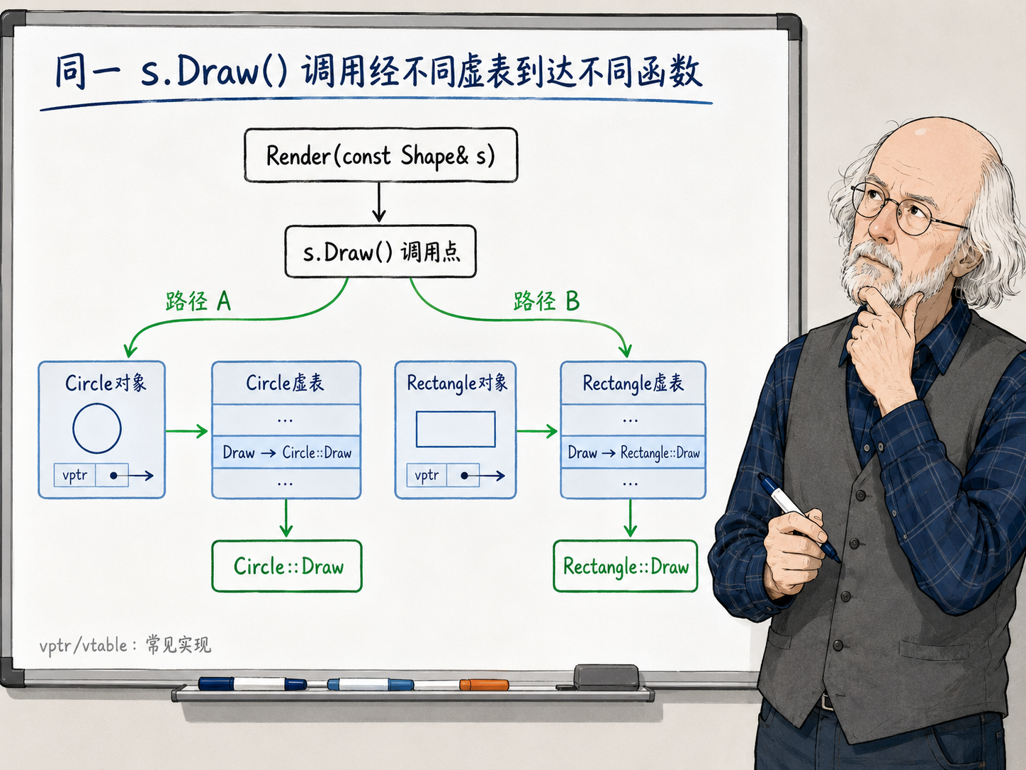 C++ 虚函数调用怎样在运行时找到派生类实现示意图