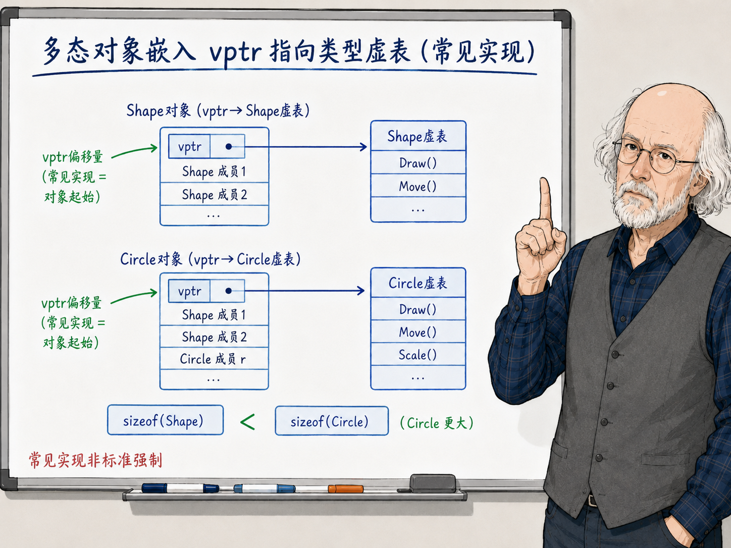 C++ 虚函数的实现直觉:vptr 和虚表示意图