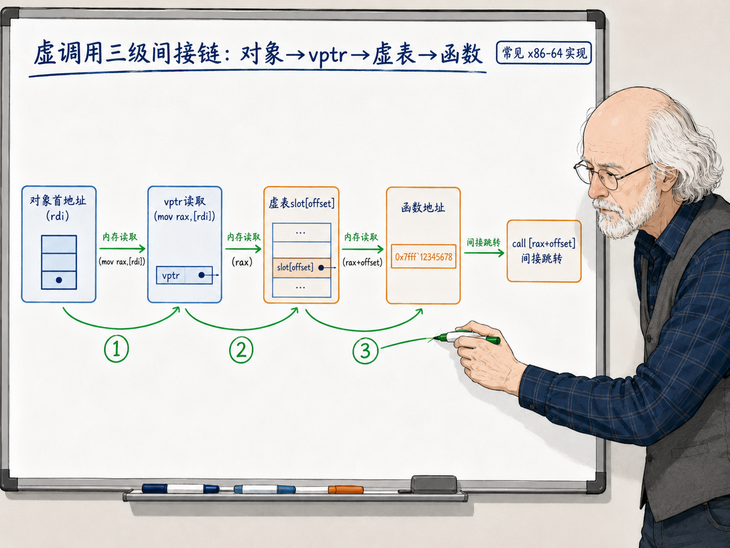 C++ 虚函数的实现直觉:vptr 和虚表示意图