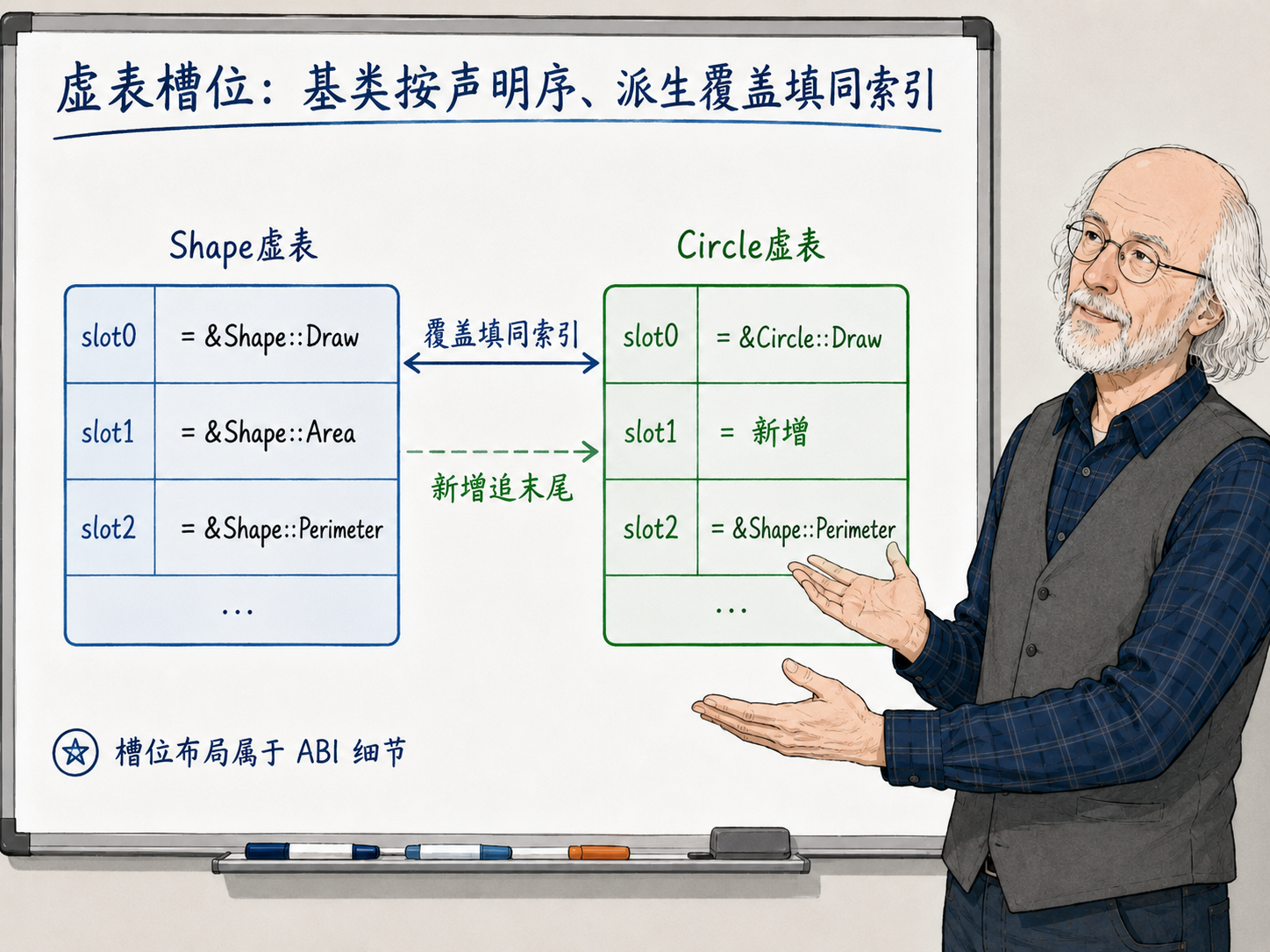 C++ 虚函数的实现直觉:vptr 和虚表示意图