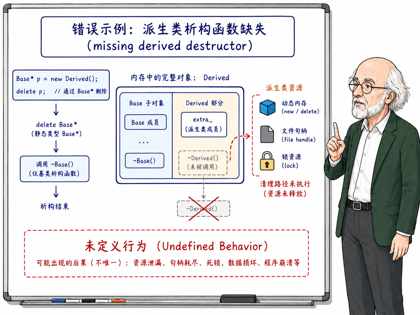 C++ 派生类析构函数缺失的错误示例示意图