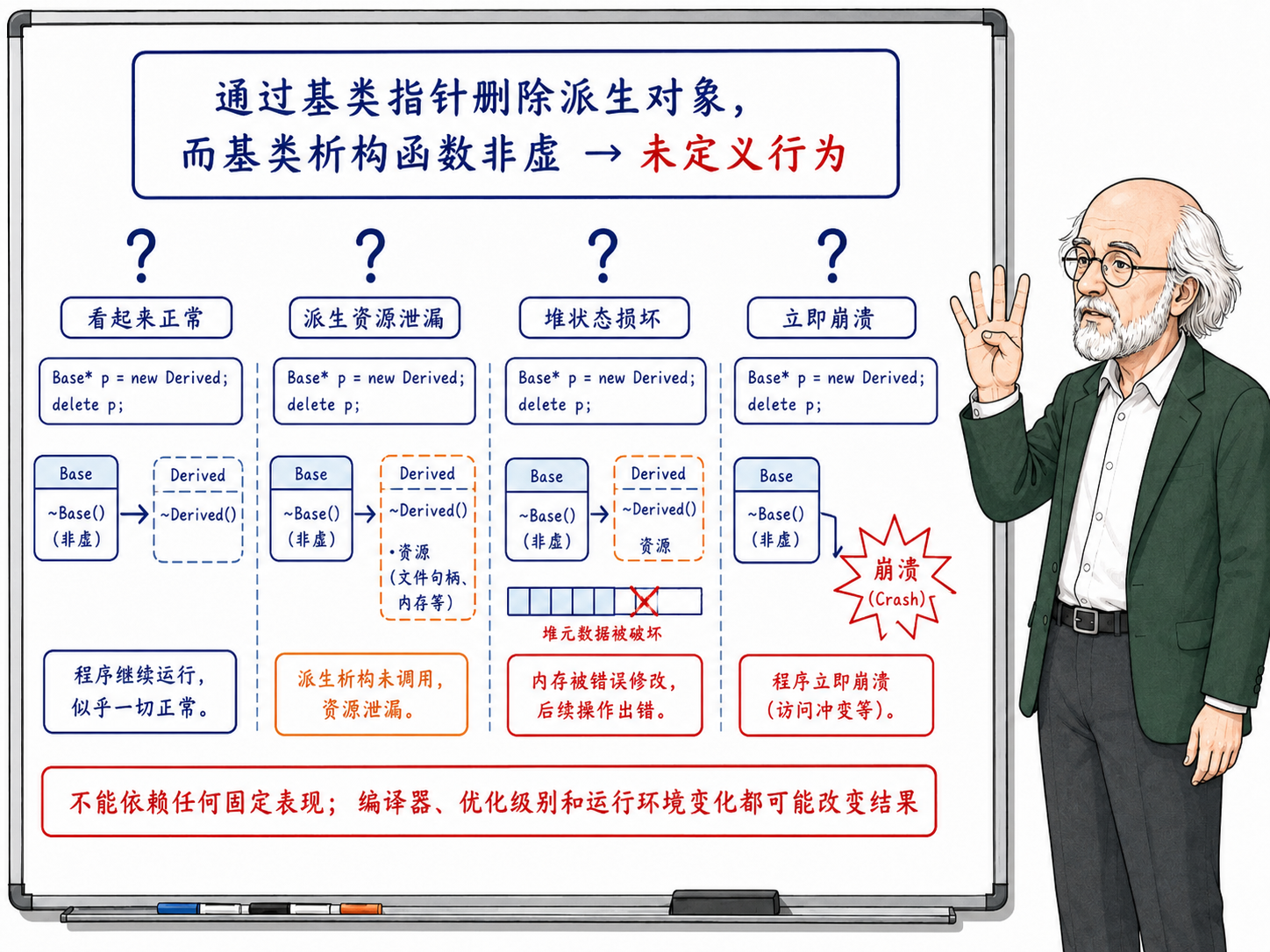 C++ 通过基类指针删除派生对象示意图