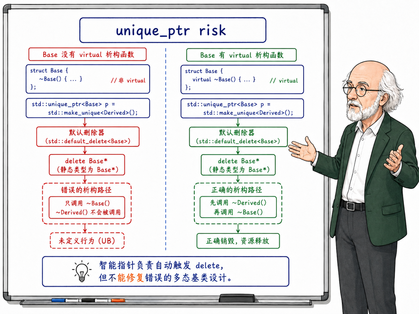C++ unique_ptr使用时的虚析构函数风险示意图