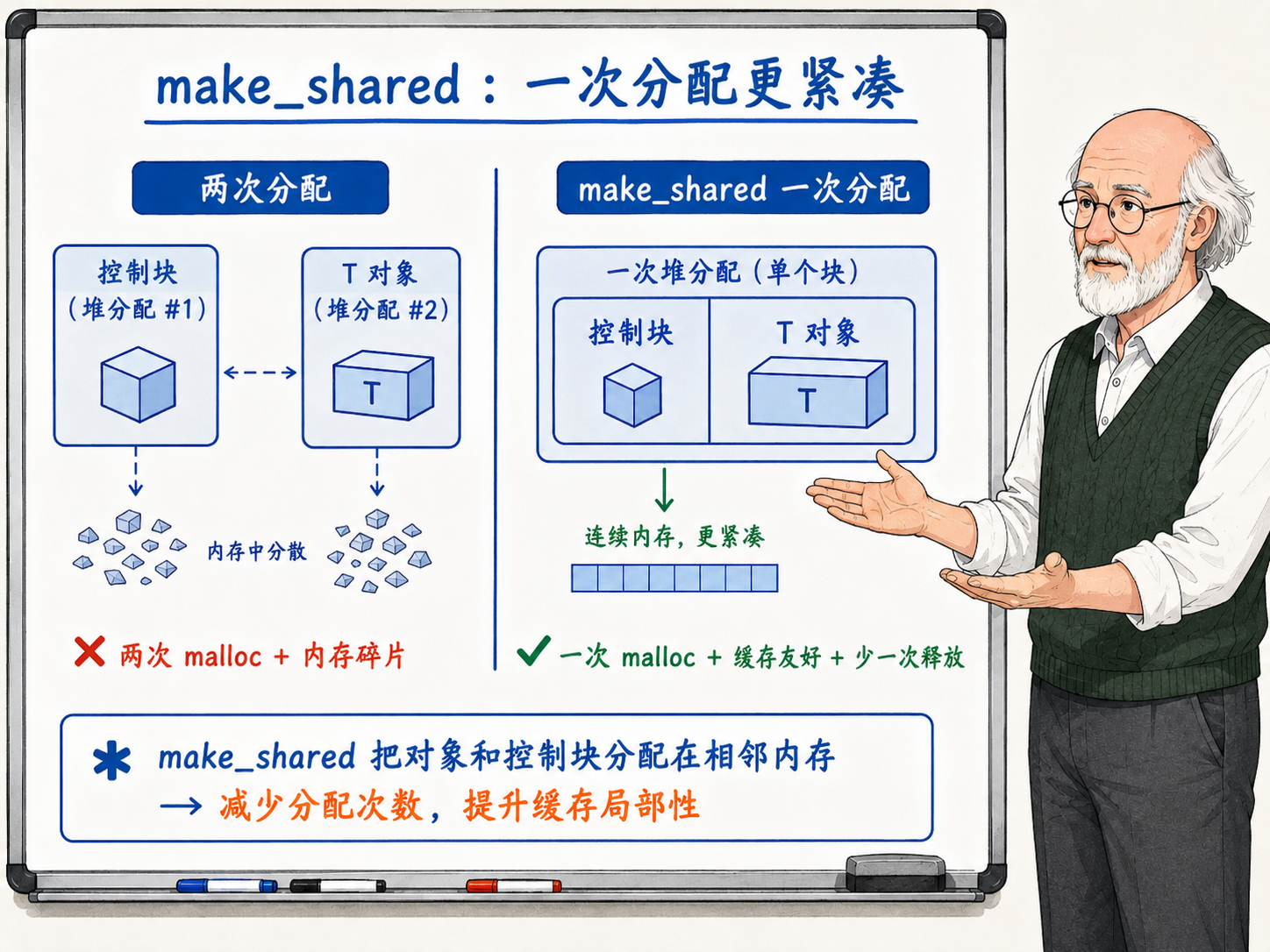 C++ make_shared与普通new操作在内存分配上的区别示意图