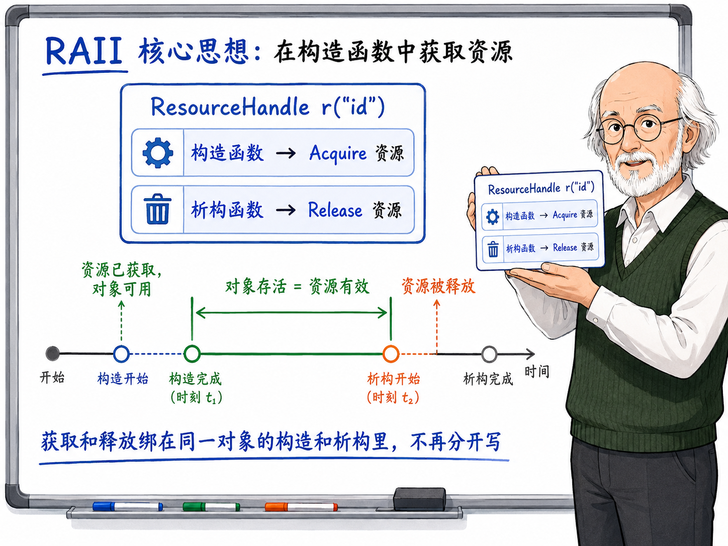 C++ RAII（Resource Acquisition Is Initialization）核心思想示意图