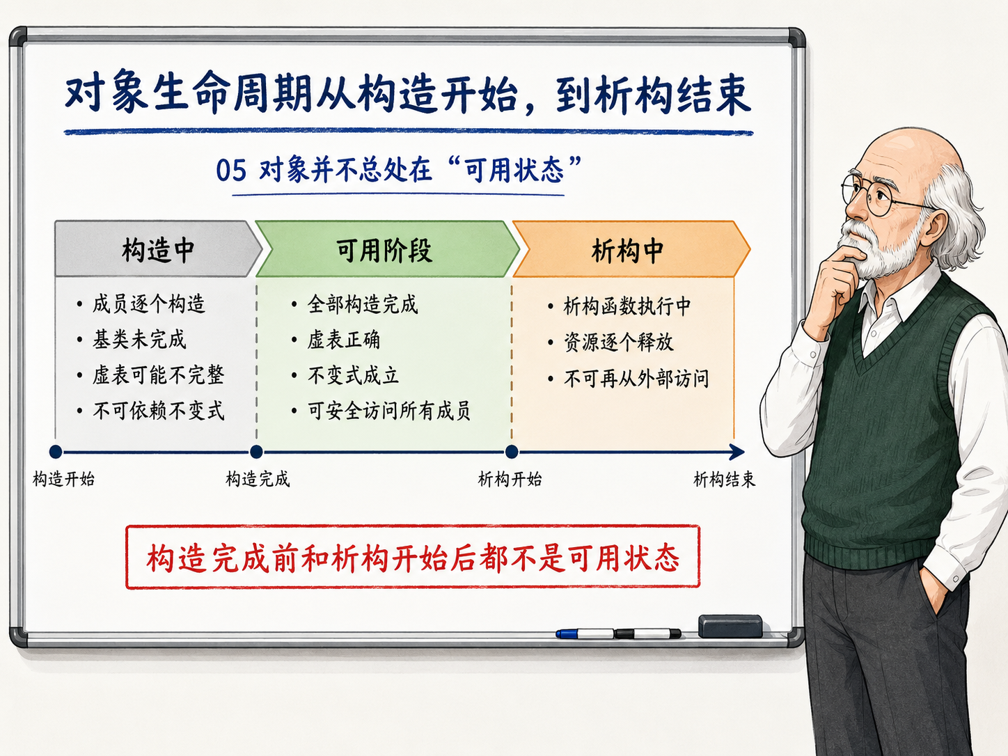 C++ 对象生命周期从构造开始到析构结束的阶段划分示意图