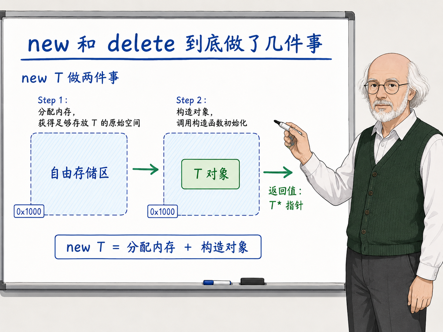 C++ new T 做两件事示意图