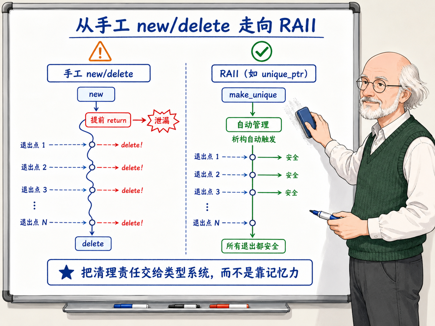 C++ 从手工new/delete走向RAII（如unique_ptr）的对比