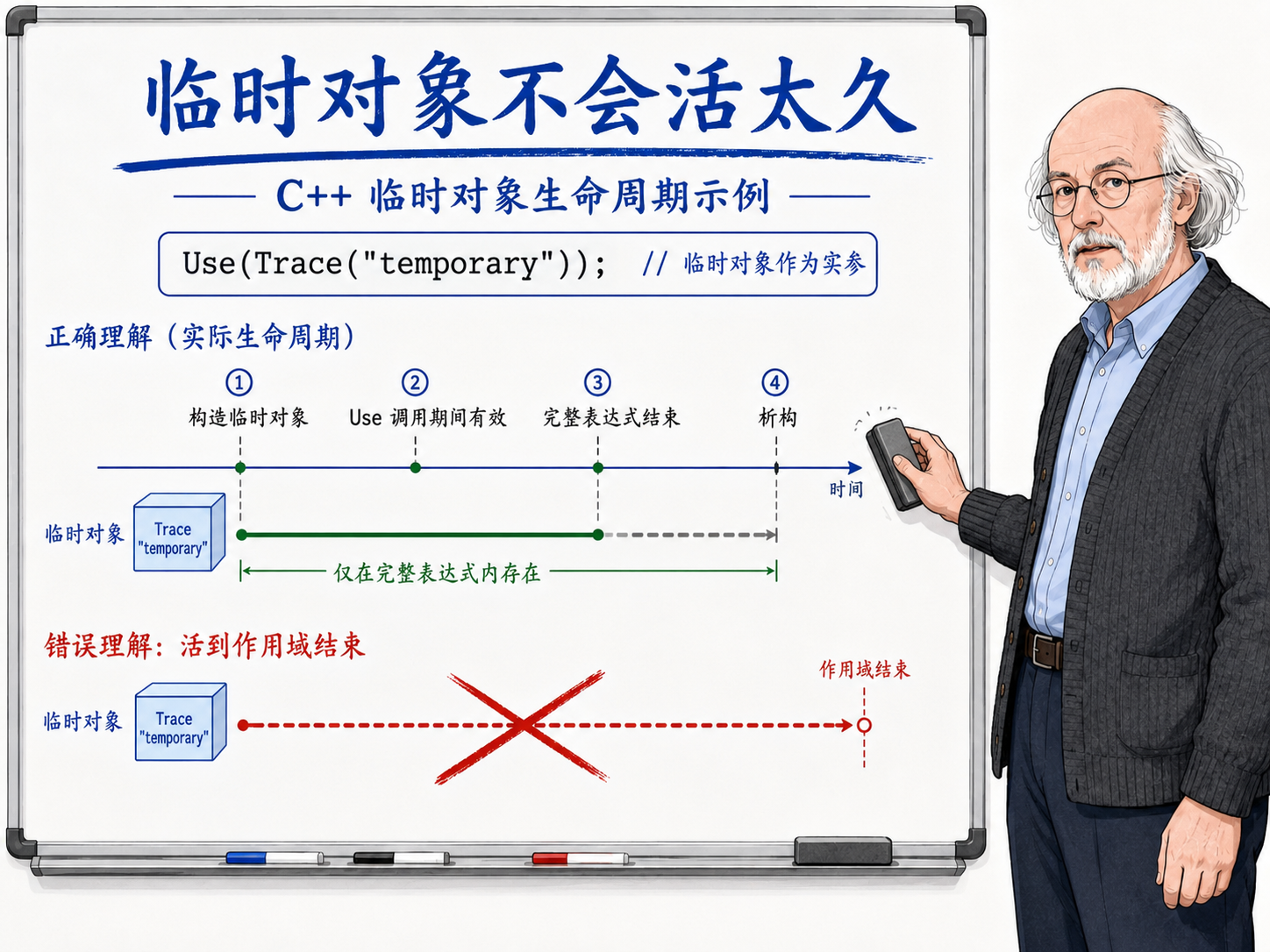 C++临时对象生命周期示例示意图