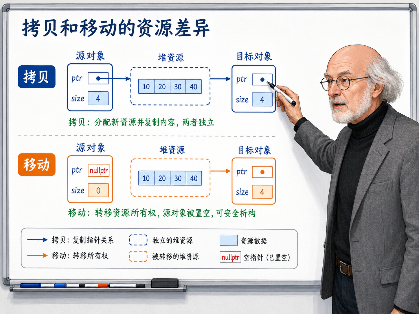 C++ 拷贝和移动的资源差异示意图