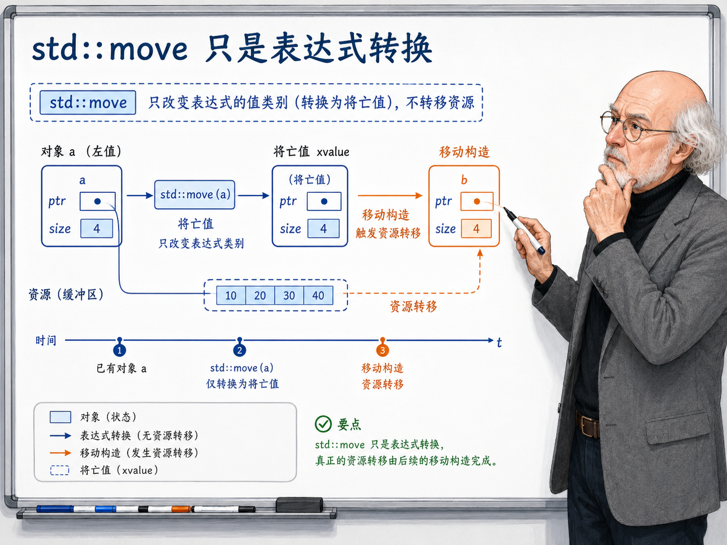 C++ std::move只改变表达式类别（转换为将亡值）的原理示意图
