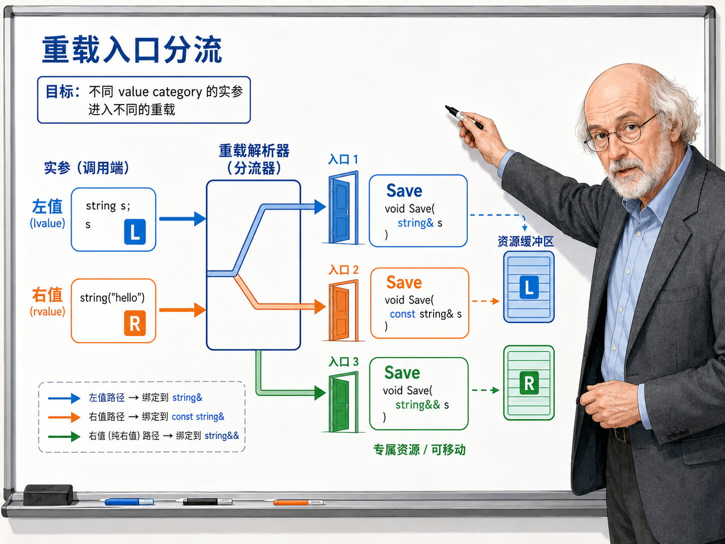 C++ 重载入口分流的示意图
