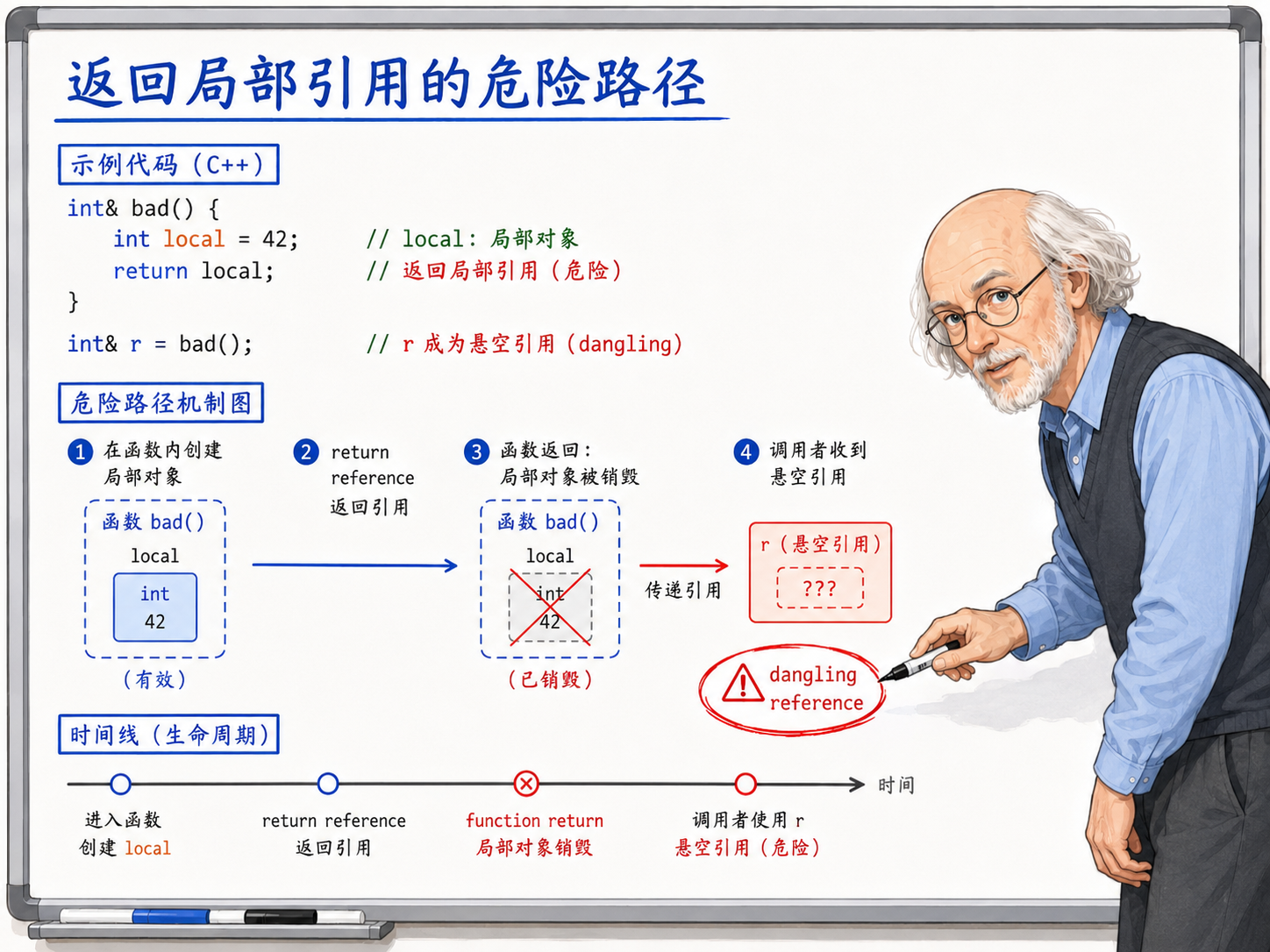 C++中返回局部引用的危险路径示例代码及机制图