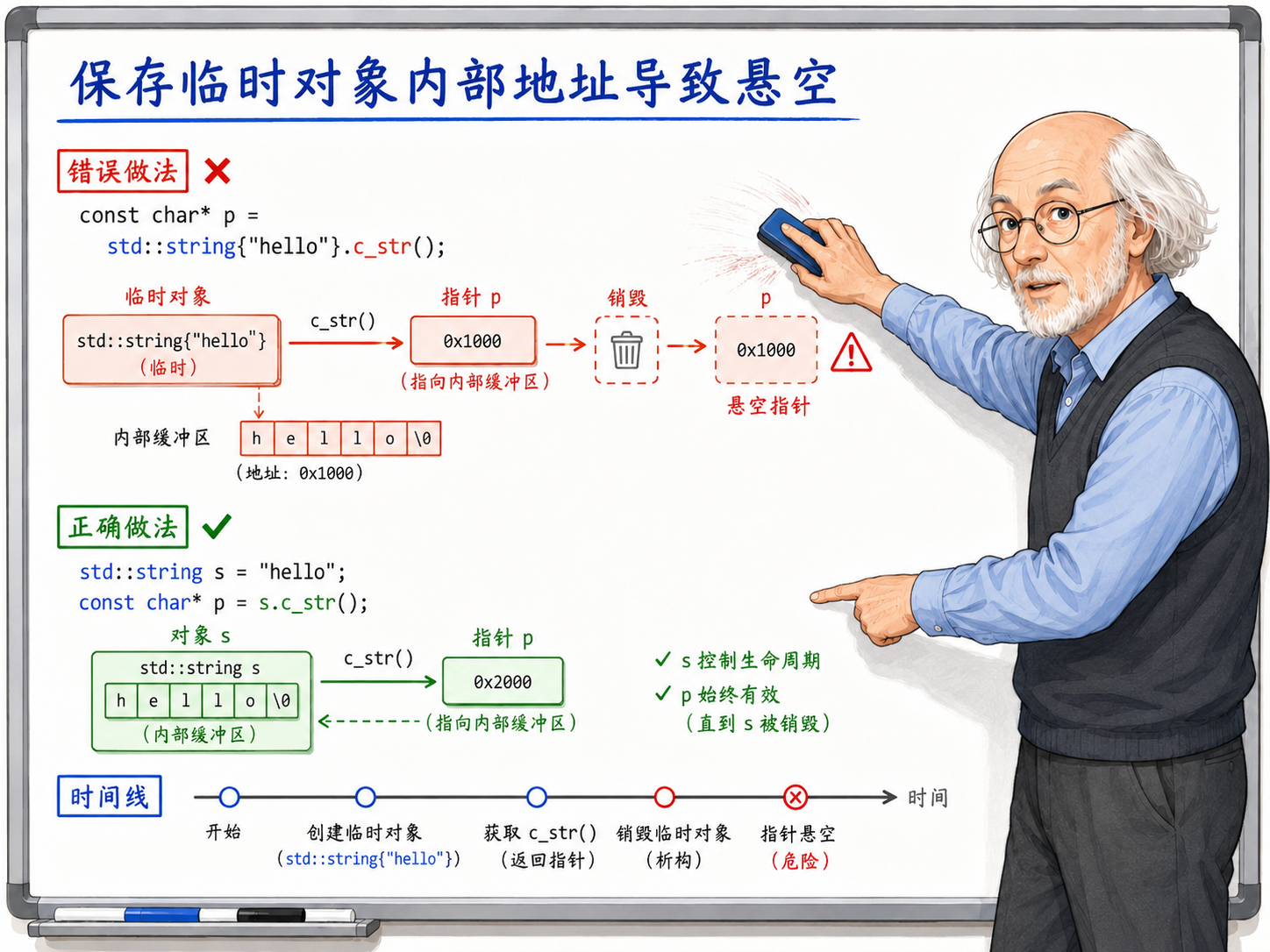 C++ 保存临时对象内部地址也危险示意图