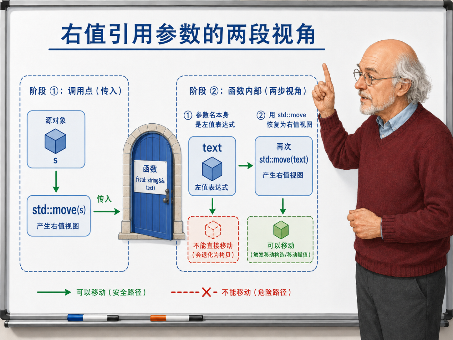 C++ 右值引用参数的两段视角示意图